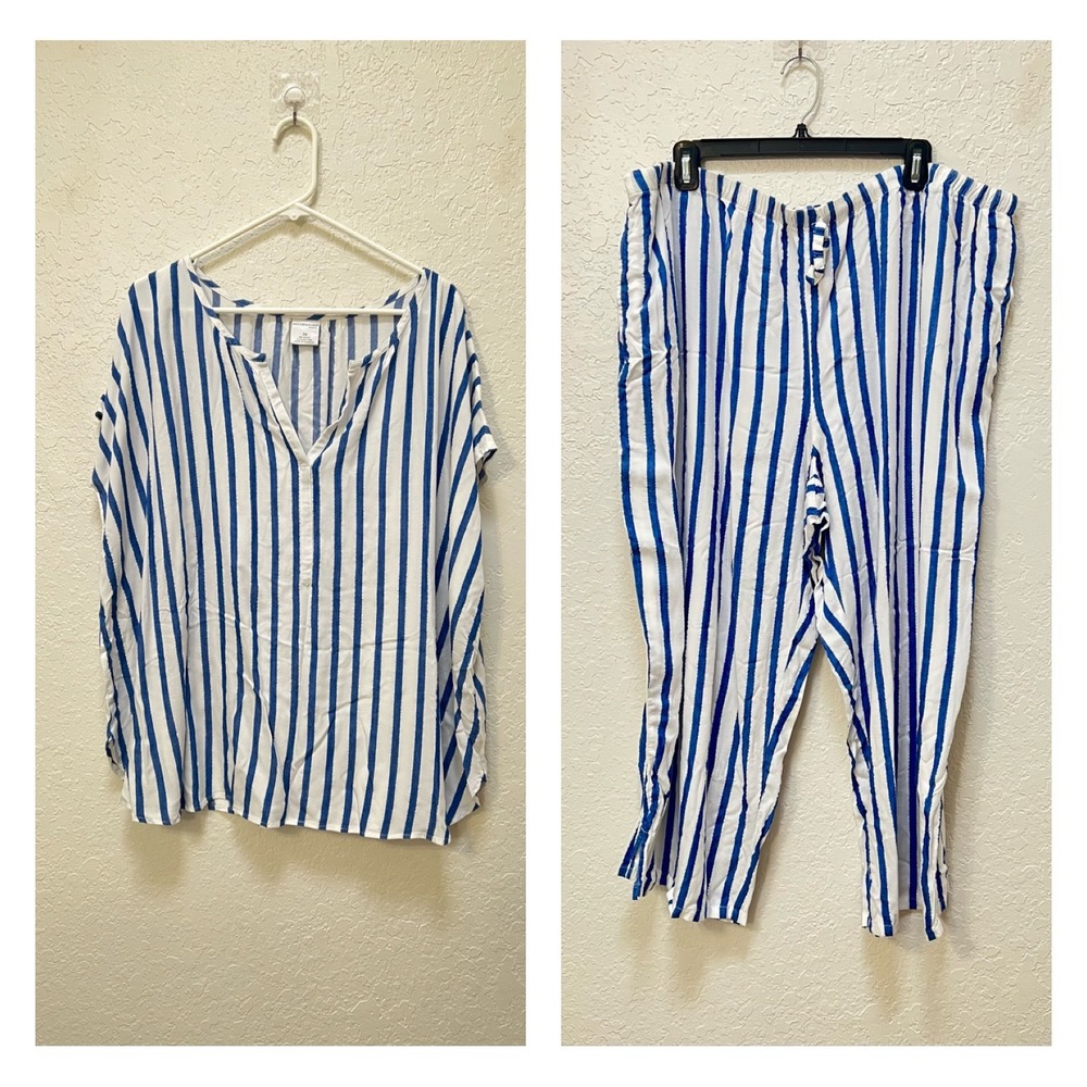 Nottibianche Woman Blue White Metallic Striped Lounge Set Plus Size 3X